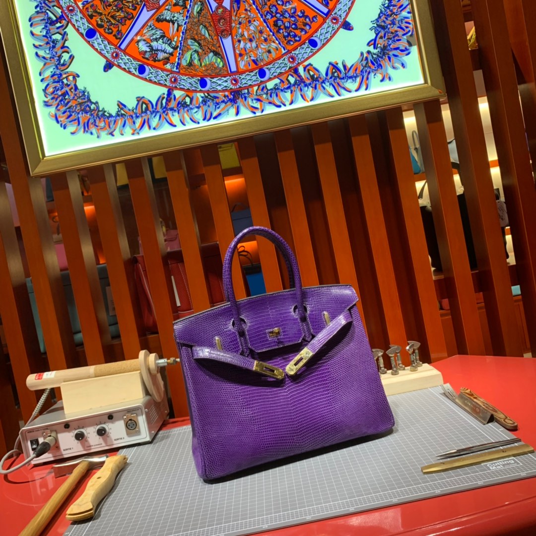 Hermes新款女包 爱马仕梦幻稀有蜥蜴皮铂金包Birkin30CM 金扣