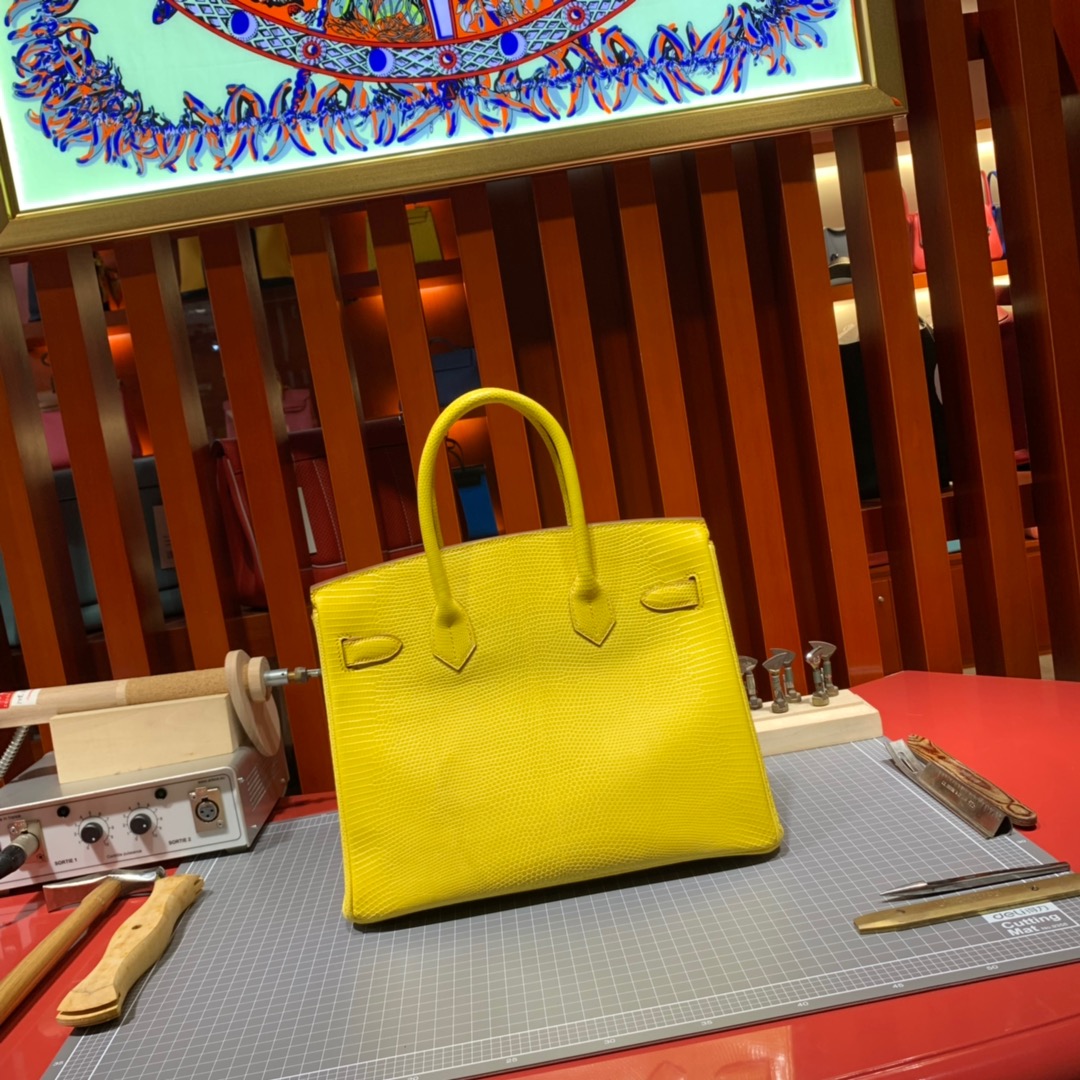 Hermes包包官网 爱马仕柠檬黄进口蜥蜴皮铂金包Birkin30CM 金扣