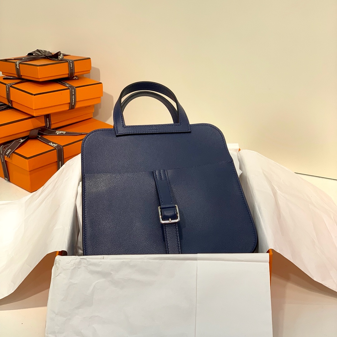 Hermes mini Halzan22CM 爱马仕宝石蓝Swift牛皮手提斜挎包包 银扣